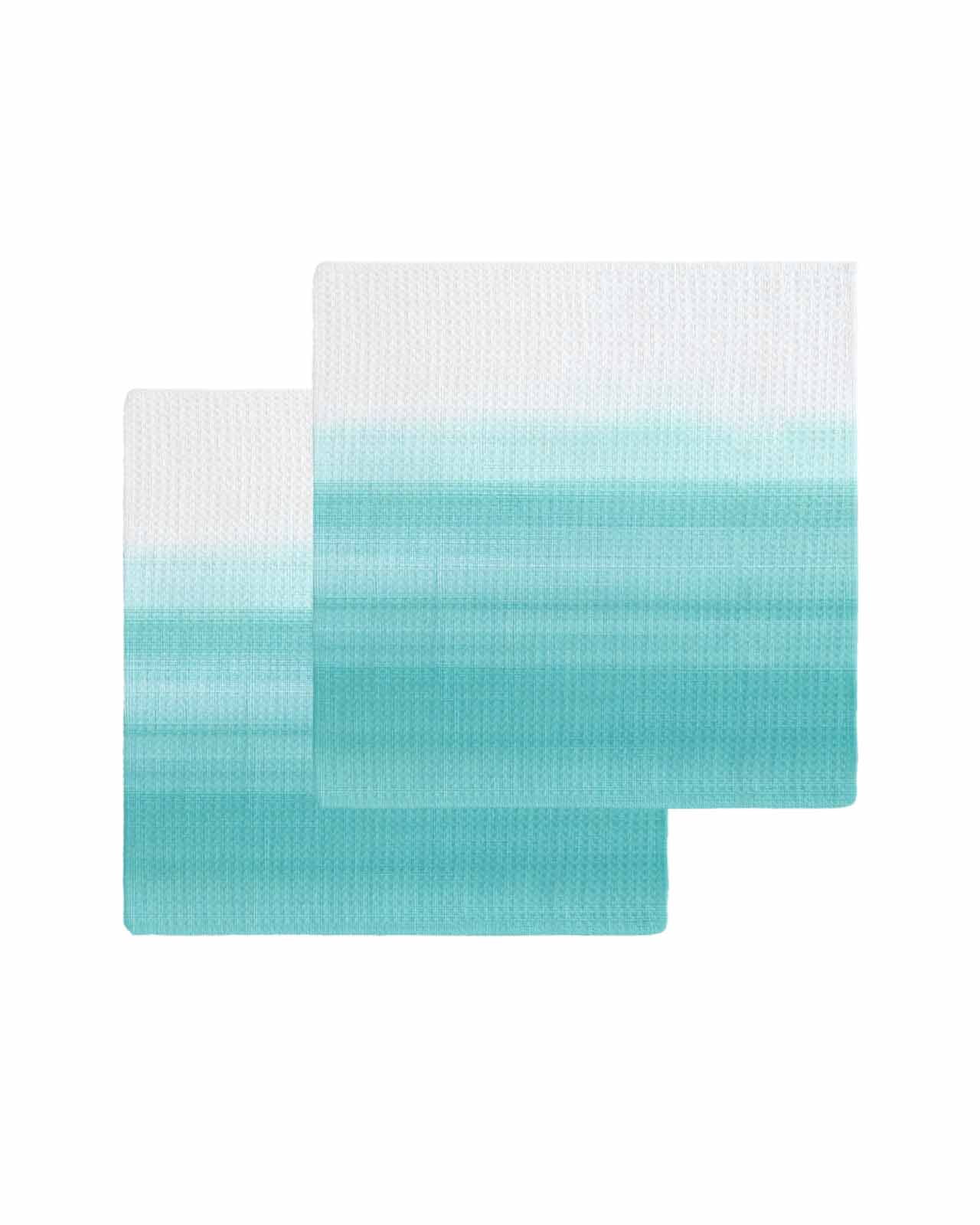 Aqua White Ombre Kitchen Dish Towels for Drying Dishes Set of 2, Chic Modern Funny Abstract Striped Art Waffle Weave Microfiber Terry Hand Tea Bathroom Towels Quick Dry & Absorbent Towel 12x12