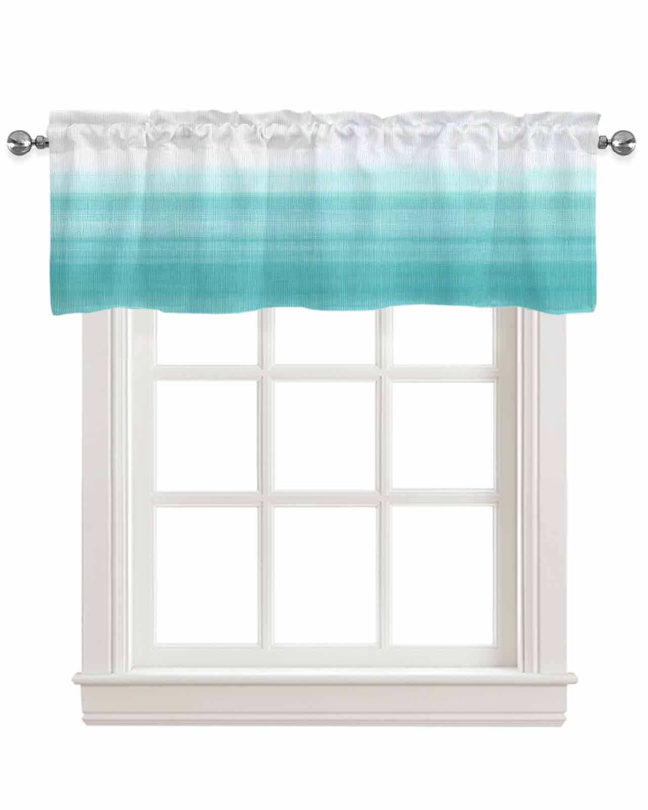 Aqua White Ombre Kitchen Valances for Windows Farmhouse Linen Window Valance Curtain for Living Room Window Treatment Chic Modern Funny Abstract Striped Art Valance Rod Pocket Topper, 42 x 18 Inch