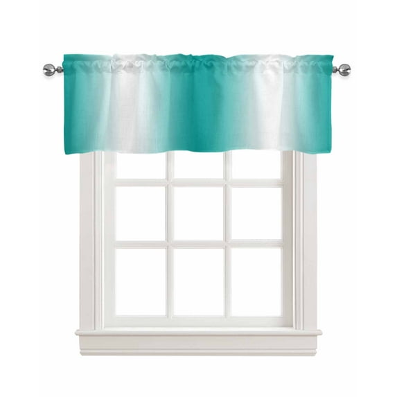 Aqua White Ombre Kitchen Valances for Windows Farmhouse Linen Window Valance Curtain for Living Room Window Treatment Gradient Abstract Minimalist Aesthetic Valance Rod Pocket Topper, 42 x 12 Inch