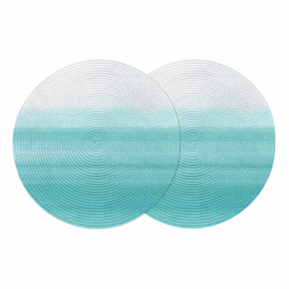 Aqua White Ombre Round 13 Inch Placemats Set of 2, Chic Modern Funny Abstract Striped Art HeatResistant Non Slip Place Mats for Dining Table, Wipeable Braided Kitchen Table Mats for Housewarming