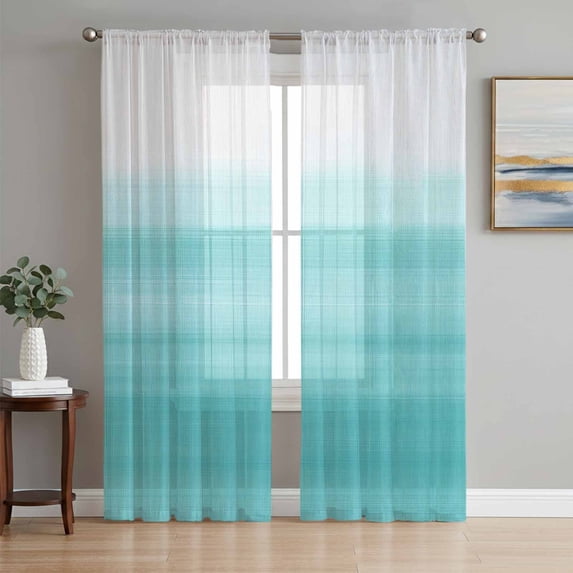 Aqua White Ombre Semi Sheer Curtains 63 Inch Length 2 Panels Set, Chic Modern Funny Abstract Striped Art Sheer Kitchen Curtain Privacy Voile Window Curtain for Living Room Bedroom Rod Pocket Drapes