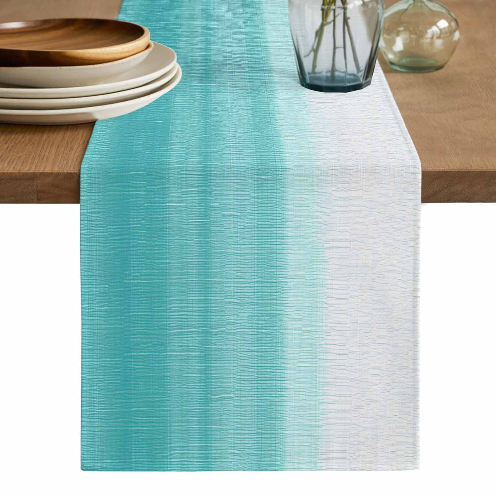 Aqua White Ombre Table Runner, Chic Modern Funny Abstract Striped Art Washable Cotton Linen Table Runners 48 Inches Long, Dresser Scarf Runner for Nightstand/Coffee/End Tables 13''x48''