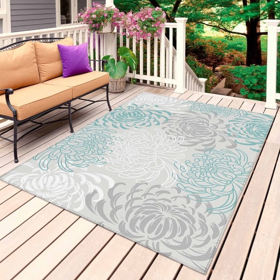 Aqua White Outdoor Rug for Patio/Deck/Porch, Non-Slip Large Area Rug 6 x 9 Ft, Abstract Grey Chrysanthemum Flower Floral Indoor Outdoor Rugs Washable Area Rugs, Reversible Camping Rug Carpet Runner