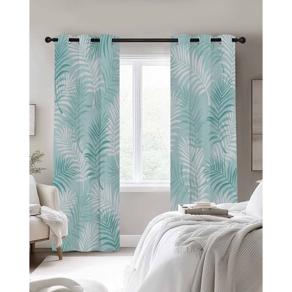 Aqua White Palm Leaves Blackout Curtains 2 Panels, Botanical Forest Ferns Thermal Insulated Grommet Window Curtains for Bedroom Living Room 27.5"x39"