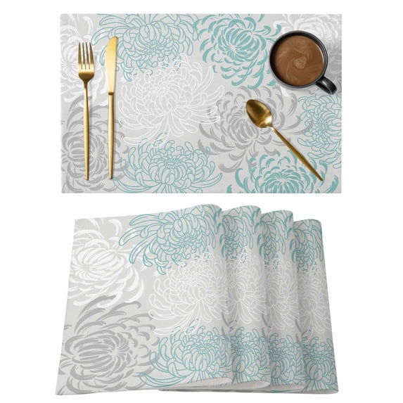Aqua White Placemats Set of 8, Cotton Linen Fabric Place Mats, Abstract Grey Chrysanthemum Flower Floral Washable Decorative Table Mats Protector for Home Kitchen Dining Wedding Party Coffee Tables
