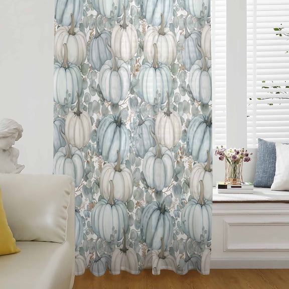 Aqua White Pumpkins Fall Semi Sheer Curtains Drapes for Living Room,Bedroom,French Doors Window 84 Inches Long,Thanksgiving Eucalyptus Leaves Rod Pocket Chiffon Curtain Drapery Voile Draperies Panel