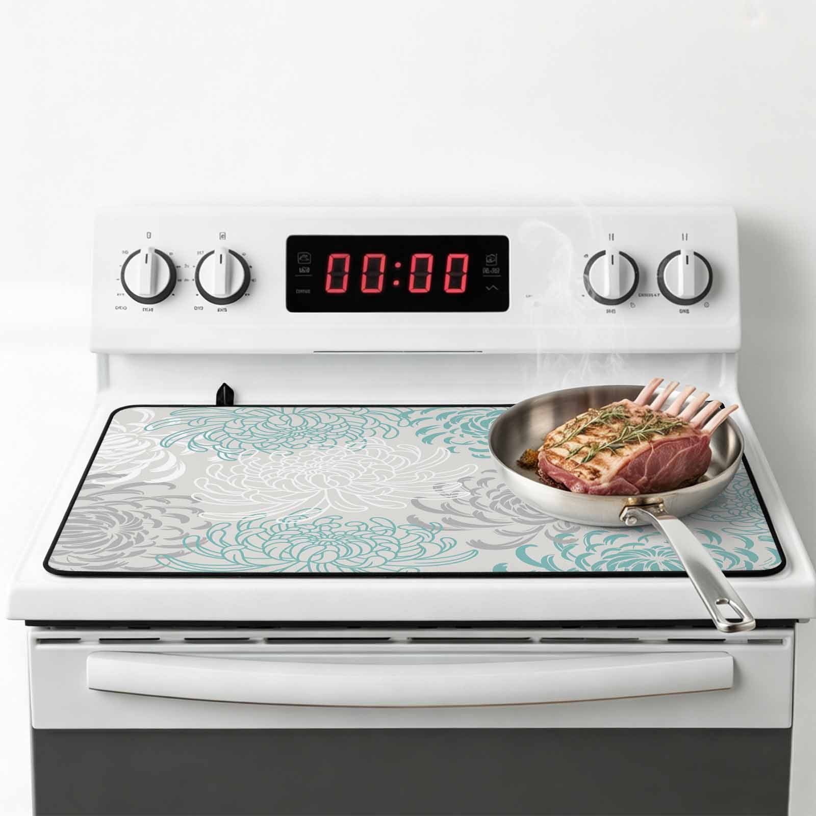 Aqua White Stove Top Cover for Electric Stove, Heat-proof & Non Slip Glass Top Stove Cover Protector, Abstract Grey Chrysanthemum Flower Floral Kitchen Flat Cooktop Rubber Mat 31x24 Inches