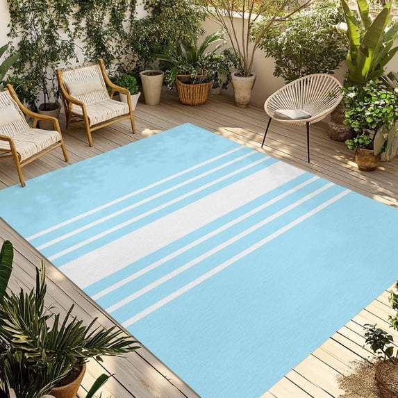 Aqua White Stripe Outdoor Rug 3x5 Ft - Reversible Patio Rug Outdoor Camping Rugs, Modern Rustic Vertical Striped Washable Indoor Outdoor Area Rugs, Non-Slip Outdoor Carpet Runner for Deck/Porch