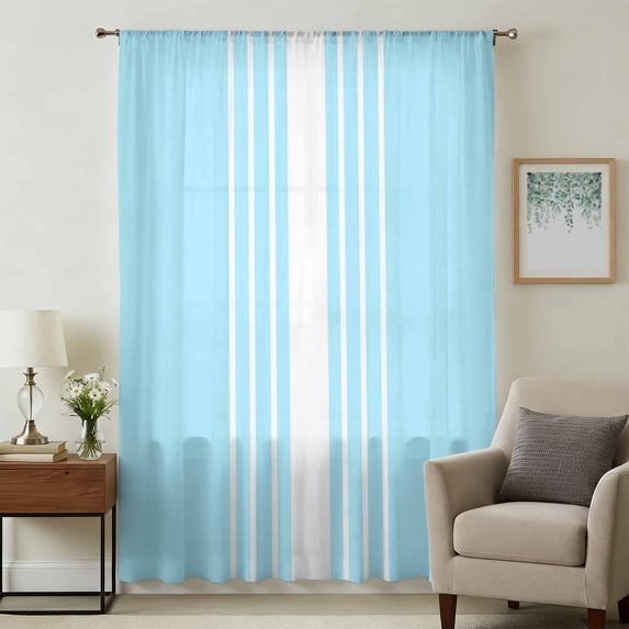 Aqua White Stripe Sheer Curtains 63 Inches Long, Modern Rustic Vertical Striped Light Filering Curtains, Breathable Simi Curtain Privacy Drapes for Living Room Bedroom Lightweight Window Treatment