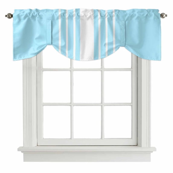 Aqua White Stripe Tie Up Valance Curtains for Windows, Kitchen Curtains Window Treatments, Modern Rustic Vertical Striped Short Window Shades Valances for Bedroom Bathroom Cafe 42"x18"