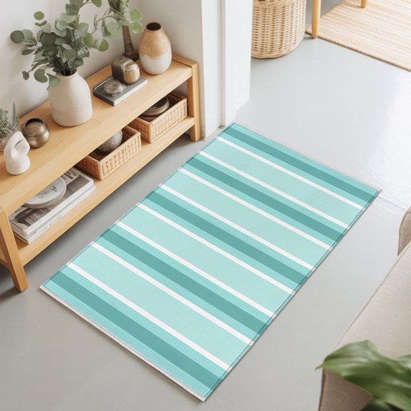 Aqua White Stripes 2'x3' Rug for Entryway Front Door Kitchen Sink Area, Modern Minimalist Aqua Lines Low Pile Washable Non Slip Rectangle Area Rug