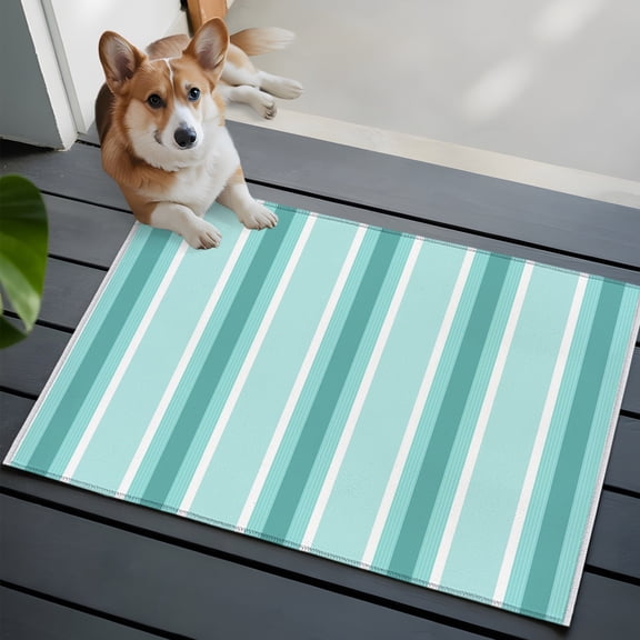 Aqua White Stripes Washable Entry Rug 2x3 Modern Minimalist Aqua Lines Low-Profile Area Rugs with Non Slip Backing Indoor Floor Carpet for Entrance Living Room Bedroom Home Office