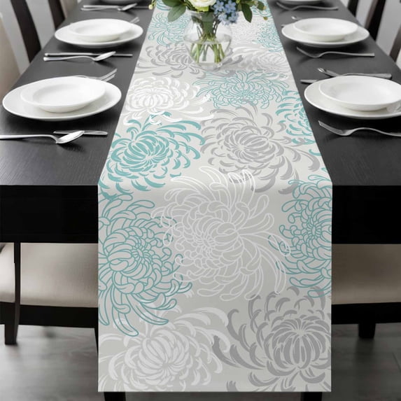 Aqua White Table Runner 36 Inches Long, Abstract Grey Chrysanthemum Flower Floral Kitchen Coffee Dining Table Decoration for Home Party Birthday Wedding Home Decor 13x36 Inches