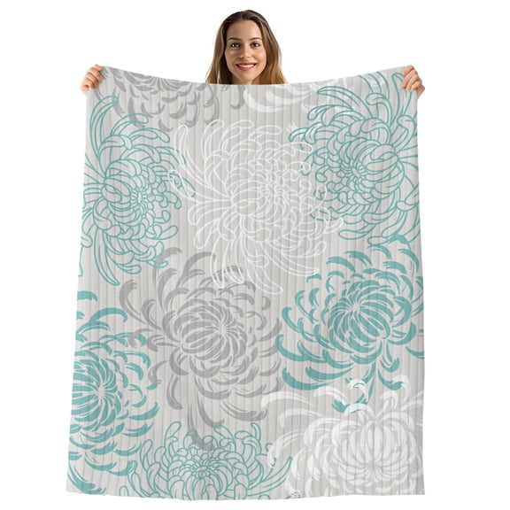 Aqua White Throw Blanket, Flannel Fleece Blanket with Striped Design for Couch, Abstract Grey Chrysanthemum Flower Floral Soft Breathable All Season Plush Blankets for Sofa Office Chair 30"x40"