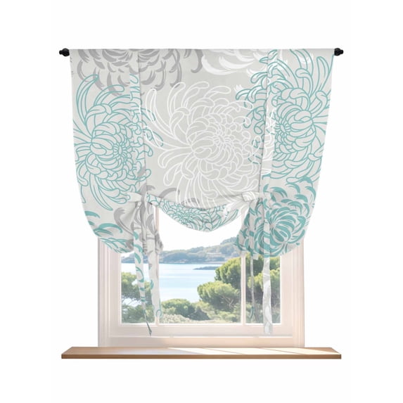 Aqua White Tie Up Curtains for Windows 45 Inch Length Balloon Curtains Kitchen Adjustable Balloon Window Shade Abstract Grey Chrysanthemum Flower Floral Tie Up Valance Bathroom Curtain Window 42"x45"