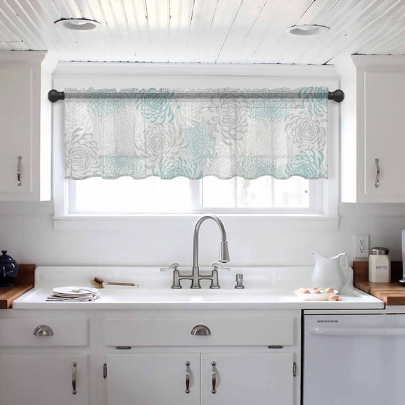 Aqua White Valance Curtains for Kitchen/Living Room/Bathroom/Bedroom Window, Abstract Grey Chrysanthemum Flower Floral Rod Pocket Small Topper Half Short Window Curtains Voile Sheer Scarf 42"x12"