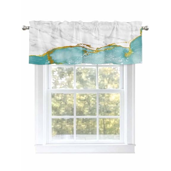 Aqua Wild Marble Silvery Valances for Windows, Rod Pocket Kitchen Valance Curtains - Soft & Washable Small Window Treatment for Living Room, Bathroom, Watercolor Art , 42x12 Inch, 1 Panel