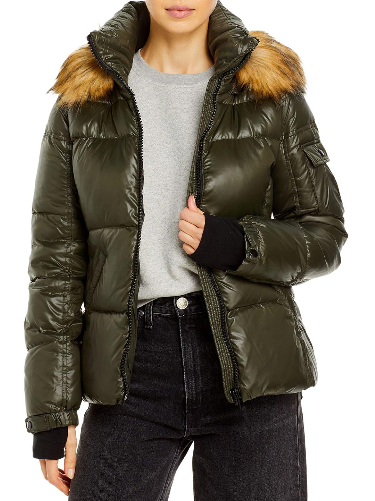 Aqua Womens Allie Faux Fur Trim Hooded Puffer Coat