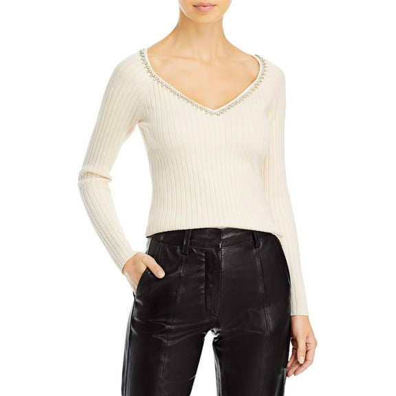 Aqua Womens Embellished Ribbed V-Neck Sweater