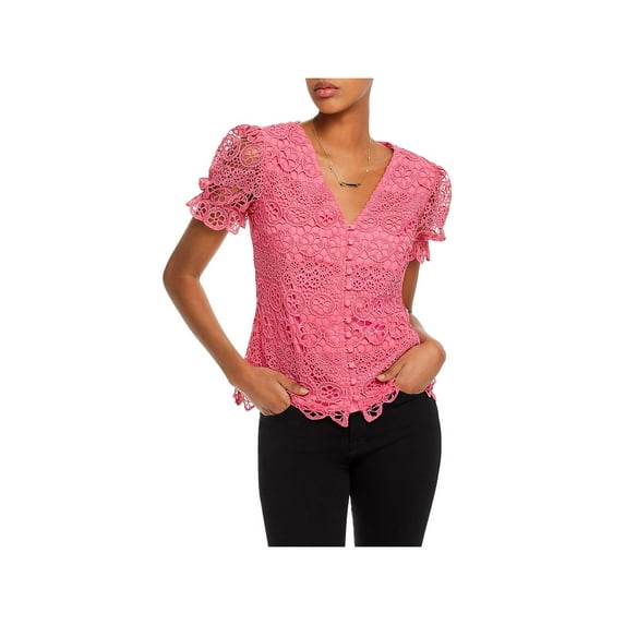 Aqua Womens Lace Overlay Button Up Blouse