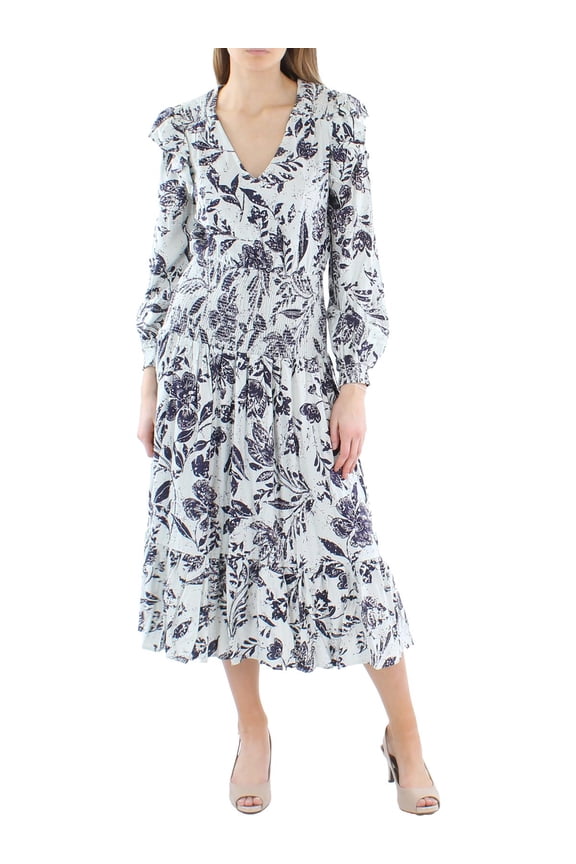 Womens Linen Blend Smocked Midi Dress