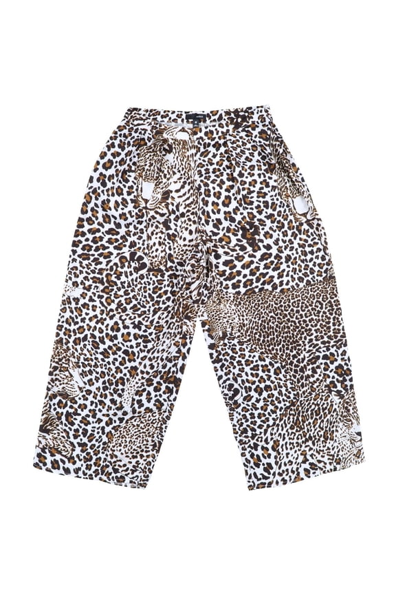 Women's Cropped Pants Flare Bottoms Leopard Print Brown White Medium New