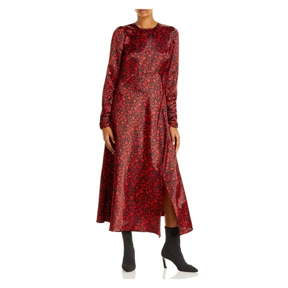 Aqua Womens Ruched Floral Midi Dress Red M