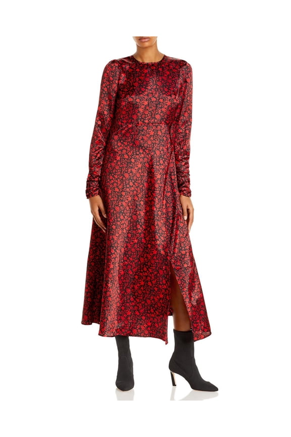 Womens Ruched Floral Midi Dress Red M