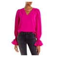 thumbnail image 1 of Aqua Womens Ruffled V Neck Blouse Hot Pink, XS, 1 of 2