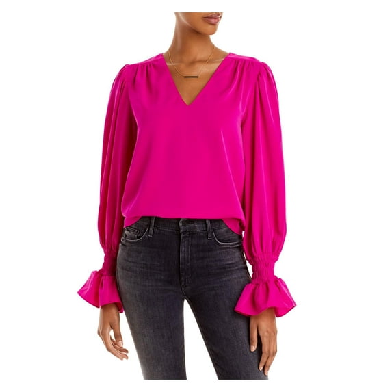 Aqua Womens Ruffled V Neck Blouse Hot Pink, XS