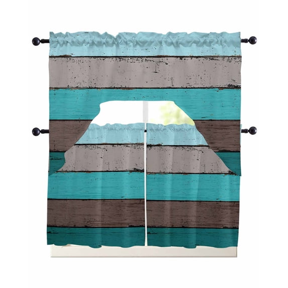 Aqua Wooden Kitchen Curtains Sets 36 Inch Length with Valance, Grey Stripe Gradient Country Rustic Grain Swag Valances and Tiers Curtain Set Drapes Swag Curtains for Living Room, Bathroom, Bedroom
