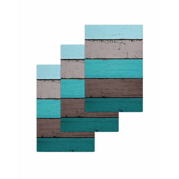 Aqua Wooden Kitchen Dish Towels for Drying Dishes Set of 3, Grey Stripe Gradient Country Rustic Grain Waffle Weave Microfiber Terry Hand Tea Bathroom Towels Quick Dry & Absorbent Towel 15.7x23.6