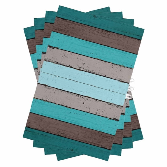 Aqua Wooden Kitchen Towels Set of 4, Water Absorbent Dish Towel, Grey Stripe Gradient Country Rustic Grain Decorative Hand Towels - Quick Drying Cloth for Cooking Baking, 18x28 Inch