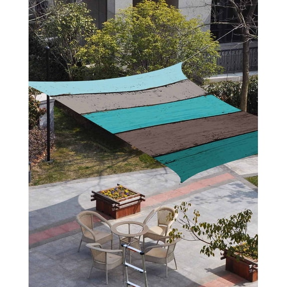 Aqua Wooden Sun Shade Sail 6.5'x10' Rectangle Outdoor Shade Canopy, Grey Stripe Gradient Country Rustic Grain Porch Shades Outdoor Sun Blocking Screen, Sunshade Cloth Covers for Patio/Deck/Garden