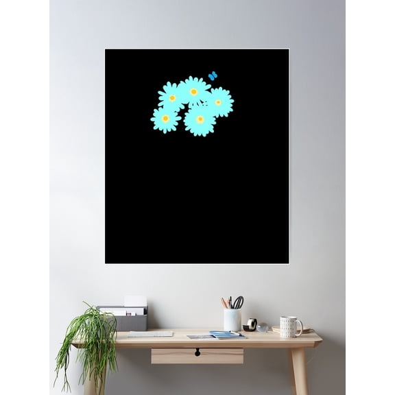 Aqua Yellow And Gold Flowers With Blue Butterfly And Black Background Poster Wall Art, Modern Wall Decor For Living Room Bedroom, 12x18 UNFRAMED
