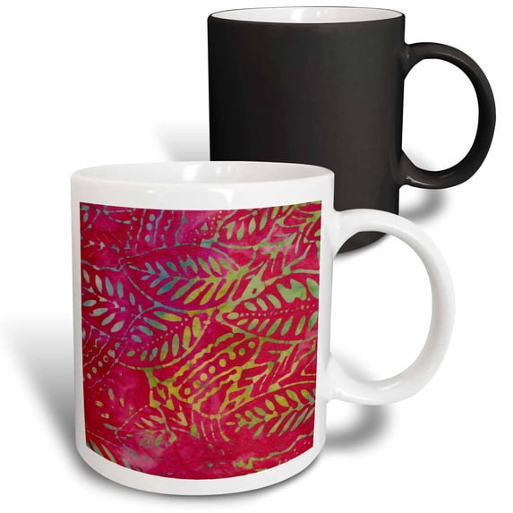 3drose, Aqua, Yellow, Green, and Red Leaf Batik, 11oz Magic Transforming Mug