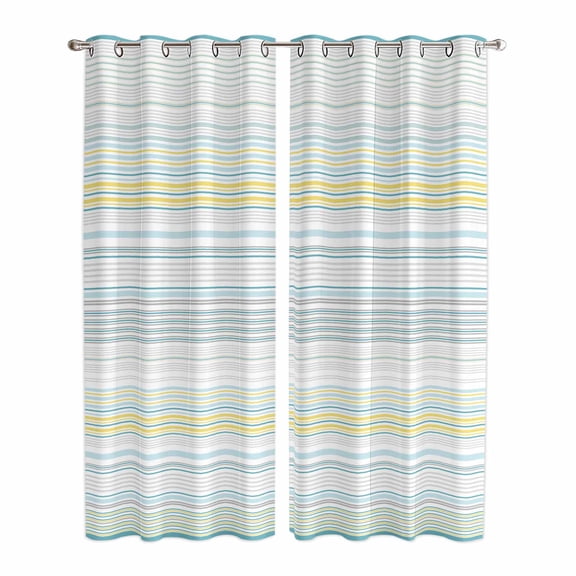 Aqua Yellow Stripe Kitchen Curtains 84 Inch Length, Abstract Art Modern Vertical Striped Grommet Top Bedroom Living Room Curtains, Light Filtering Cafe Curtain Drapes 2 Panels Set 84''x84''