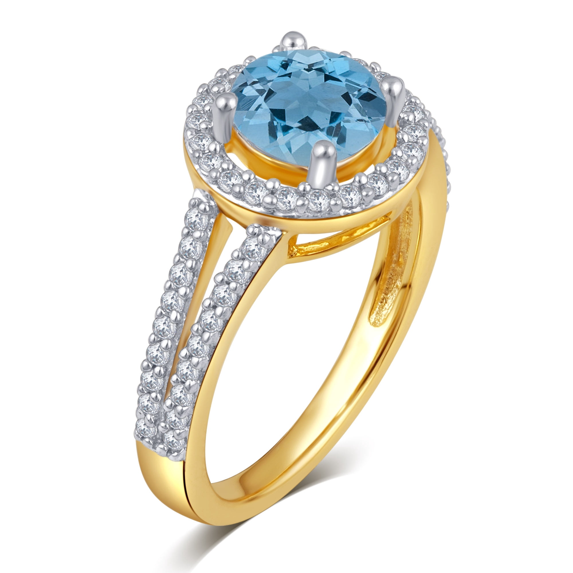 Aqua and White Sapphire Halo Birthstone Ring in Sterling Silver