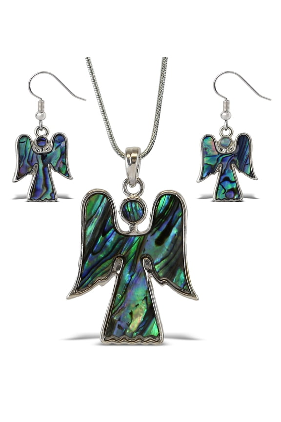 Angel Necklace & Earrings Jewelry Set - Silver Pendant with Snake Chain Necklace & Dangle Hook Earrings Made with Natural Paua Abalone Shell for Daily, Casual & Formal Events - 18 Inch