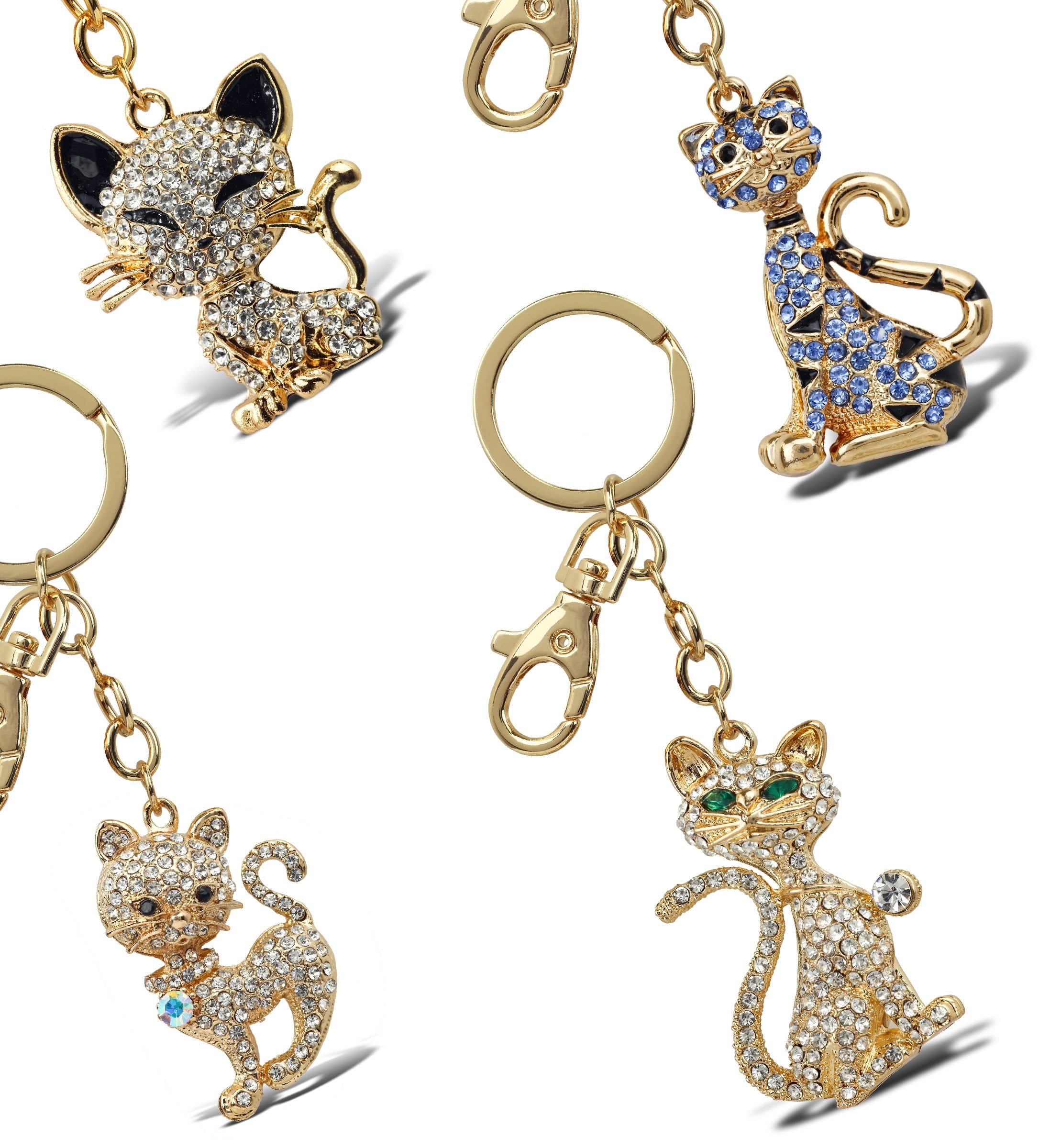 Aqua79 Cats Sparkling Golden Keychains Set of 4 – Happy, Elegant, Blue Tiger, Stylish Cat Charm Rhinestones, Gold Metal Key Ring – Accessory with Clasp for Key Chain, Bag, Purse, Handbag, Backpack