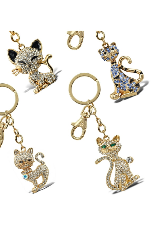 Cats Sparkling Golden Keychains Set of 4 Happy, Elegant, Blue Tiger, Stylish Cat Charm Rhinestones, Gold Metal Key Ring Accessory with Clasp for Key Chain, Bag, Purse, Handbag, Backpack