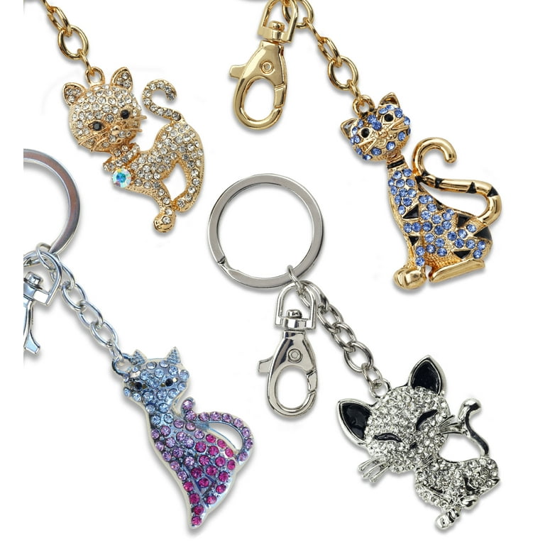 Aqua79 Cats Sparkling Silver Keychains Set of 4 – Pink, Happy, Blue Tiger,  Stylish Cat Charm Rhinestones, Silver Metal Key Ring – Accessory with Clasp  for Key Chain, Bag, Purse, Handbag, Backpack 