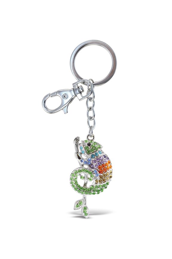 Chameleon Keychain - Silver 3D Sparkling Charm Rhinestones Fashionable Stylish Metal Alloy Durable Key Ring Bling Crystal Jewelry Accessory With Clasp For Keychain Bag, Purse, Backpack, Handbag