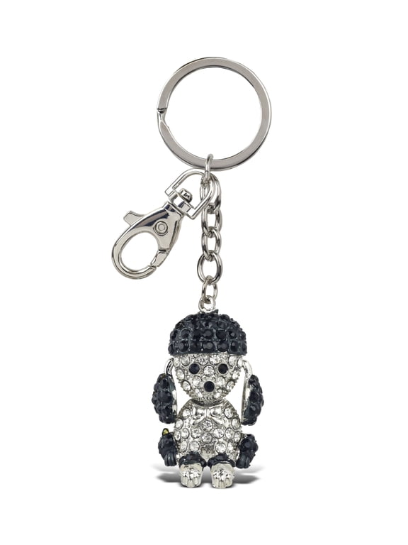 Cute Poodle Dog Keychain - Silver 3D Sparkling Charm Rhinestones Fashionable Stylish Metal Alloy Durable Key Ring Bling Crystal Jewelry Accessory with Clasp for Key Chain, Bag, Purse, Backpack