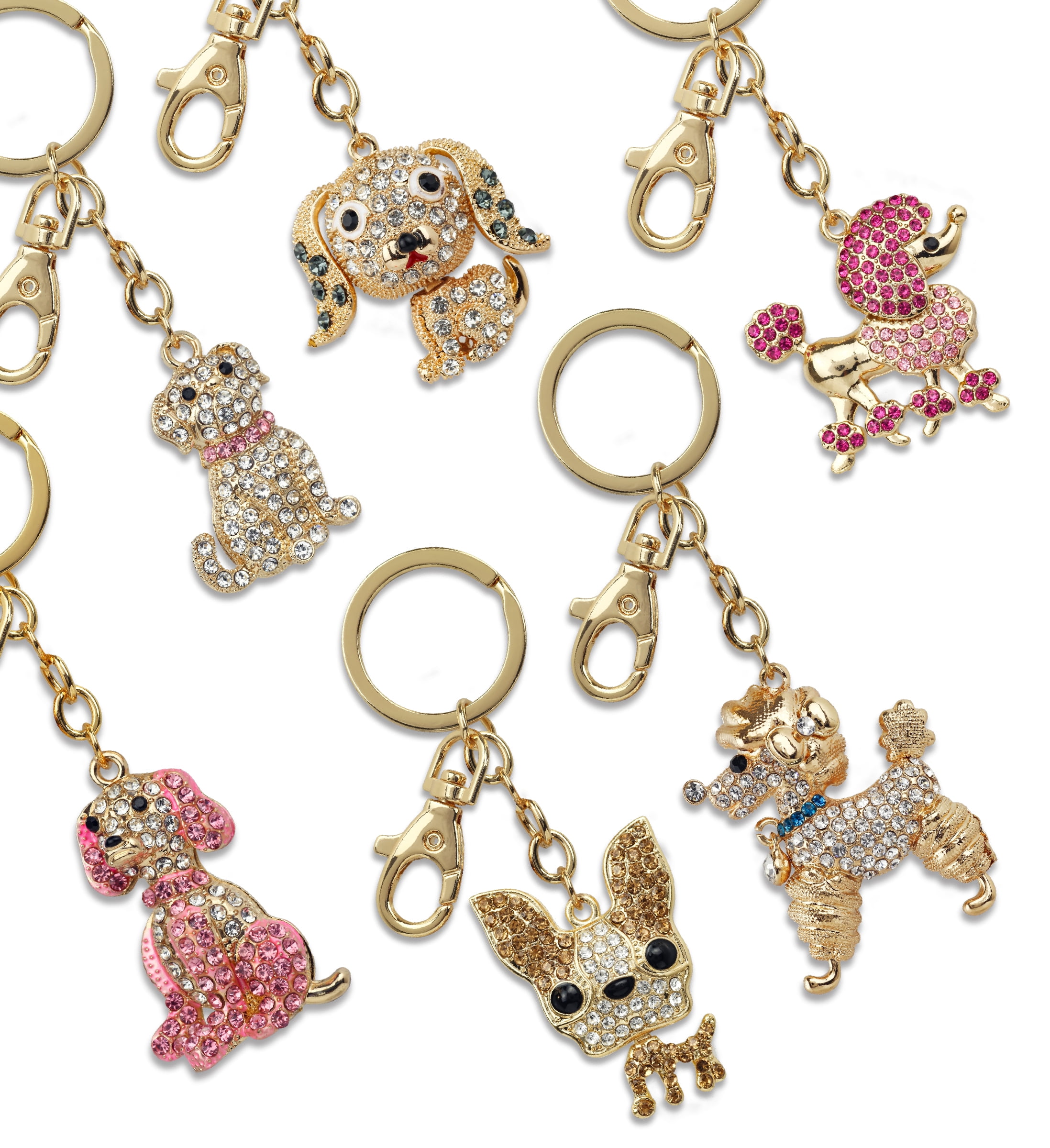 Aqua79 Dogs Sparkling Golden Keychains Set of 6 – Beagle, Bulldog, Poodle, Chihuahua Charm Rhinestones, Gold Metal Key Ring – Keychain Accessories with Clasp for Bag, Purse, Handbag, Backpack