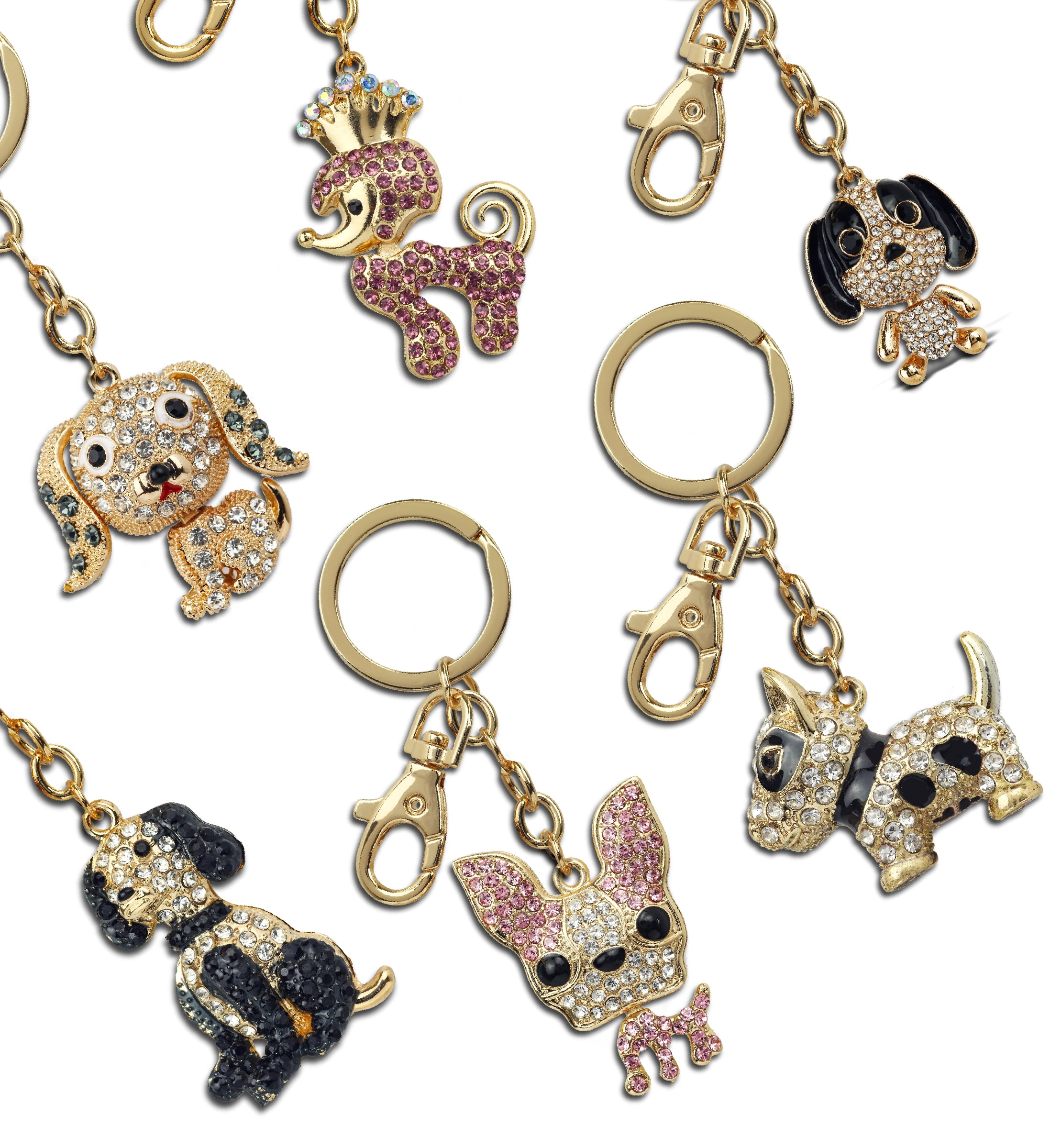 Aqua79 Dogs Sparkling Golden Keychains Set of 6 – Poodle, Beagle, Hound, Bull Terrier, Chihuahua Charm Rhinestones, Gold Metal Key Ring – Keychain Accessories with Clasp for Bag, Purse, Backpack