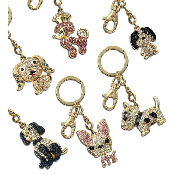 Aqua79 Dogs Sparkling Golden Keychains Set of 6 Poodle, Beagle, Hound, Bull Terrier, Chihuahua Charm Rhinestones, Gold Metal Key Ring Keychain Accessories with Clasp for Bag, Purse, Backpack