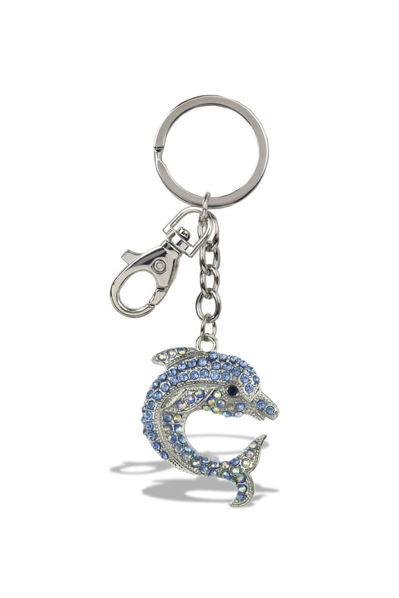 Dolphin Keychain - Blue Sparkling Rhinestones Charm, Fashionable Stylish Polyester PU Ocean Life Silver Key Ring Bling Jewelry Accessory with Clasp For Key Chain, Bag, Purse and Backpack