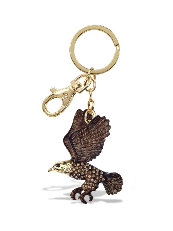 Eagle Keychain - Brown Sparkling Rhinestones Charm, Fashionable Stylish Polyester PU Wild Life Gold Key Ring Bling Jewelry Accessory with Clasp For Key Chain, Bag, Purse and Backpack
