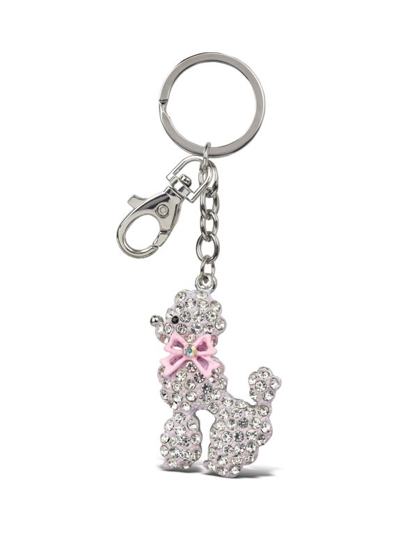Fancy Pink Poodle Keychain - Silver 3D Sparkling Charm Rhinestones Fashionable Stylish Metal Alloy Durable Key Ring Bling Crystal Jewelry Accessory with Clasp for Keychain, Bag, Purse, Backpack